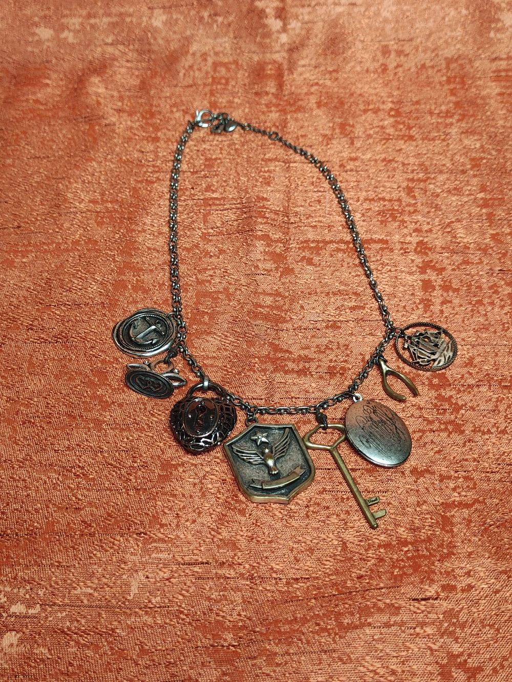 Fossil Vintage Antique Gold-Tone Charm Necklace with Key and Medallions